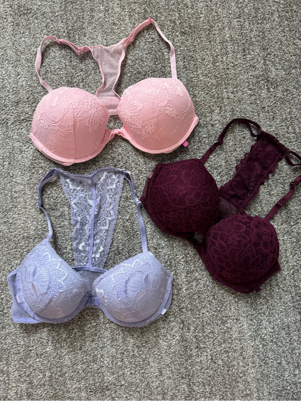 Victoria's Secret Lace Push-Up Bra Set — Pink, Lavender, Burgundy